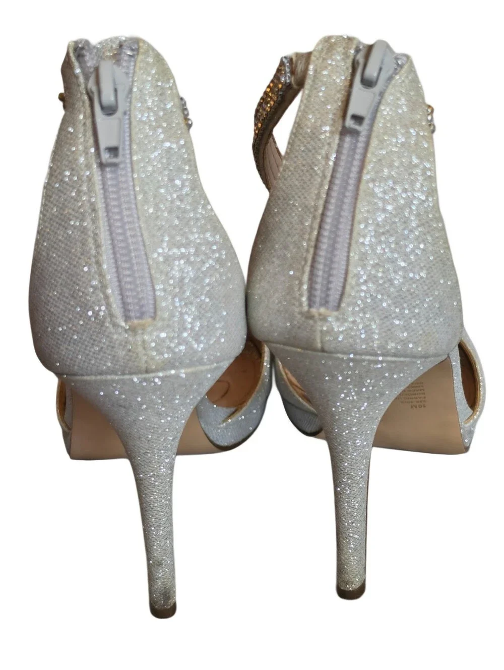 Women Heel Ankle Strap Size 9.5 Silver Sparkle Back Zip Evening Shoes
